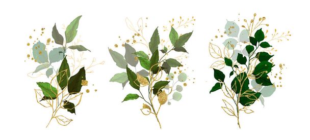 Ο χρυσός αφήνει πράσινα τροπικά φυτά κλαδί γαμήλια ανθοδέσμη με χρυσά splatters απομονώνονται. Floral διάταξη εικονογράφηση διάνυσμα φύλλωμα σε στυλ ακουαρέλα για πρόσκληση γάμου κάρτα - Διάνυσμα, εικόνα