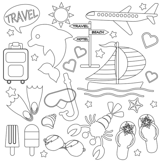 black, white color icons of travel, resort and vacation isolated on white background - Vektori, kuva