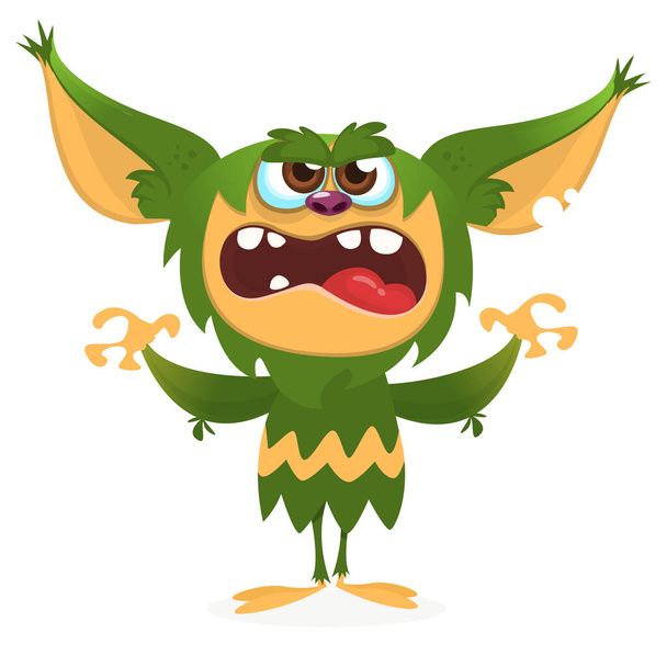 Cartoon angry gremlin. Halloween vector illustration of furry monster - Vector, Image