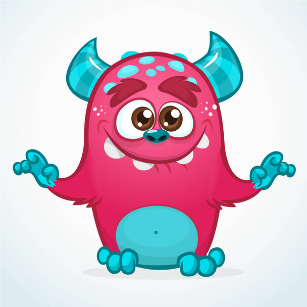 Happy cartoon monster. Halloween pink furry monster. Big collection of cute monsters. Halloween character. Vector illustrations. Good for book illustration, magazine prints or journal article - Vector, Image