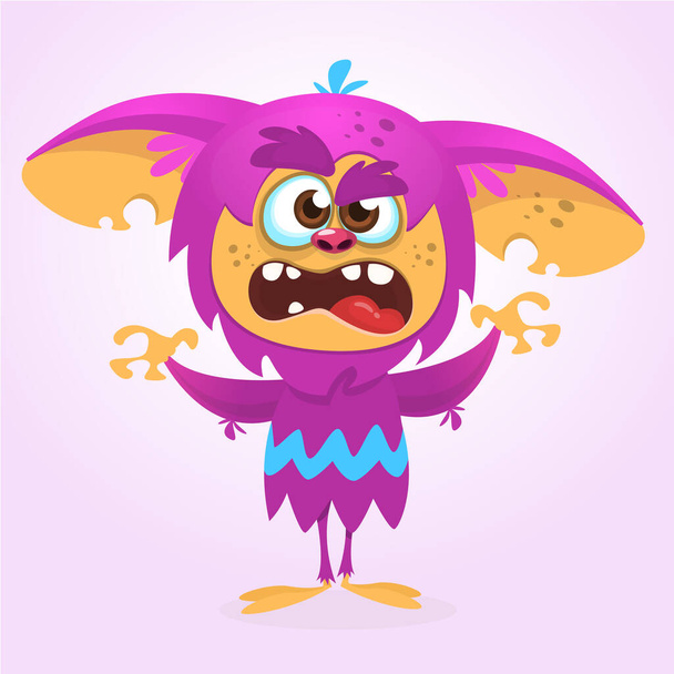 Angry cartoon monster. Halloween vector illustration of violet monster face - Vektör, Görsel