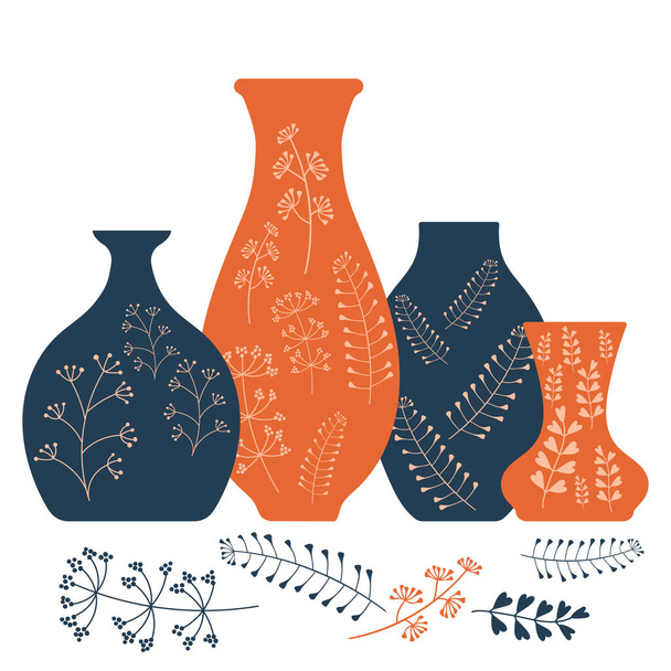 植物のパターンを持つ手作りの陶器、セラミック花瓶やポット。陶芸趣味。平面ベクトル図 - ベクター画像