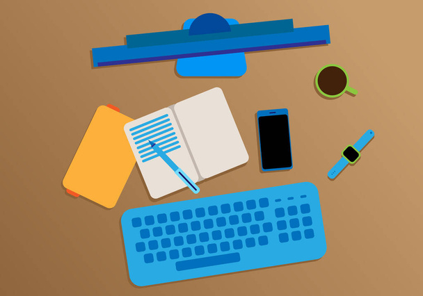 Home Office Schreibtisch mit Computer, Tastatur, Sportuhr, Kaffee, Notebook, Smartphone - Vektorgrafik - Vektor, Bild