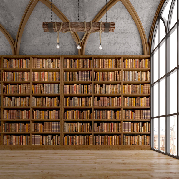 Kütüphanede kemerli pencere ve tavan lambasıyla eski kitaplıklar. Klasik biçim 33d oluşturma - Fotoğraf, Görsel