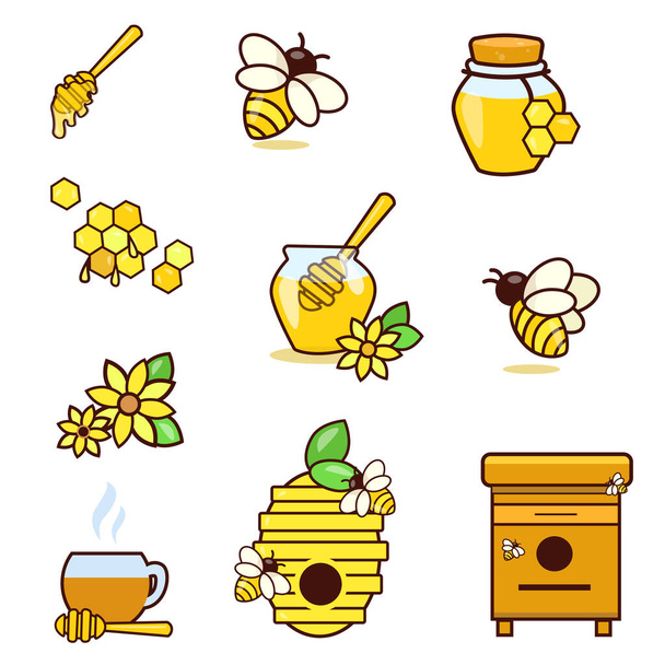 Μέλι και μελισσοκομία μεμονωμένες εικόνες που με τις μέλισσες, μελισσοκόμος. - Διάνυσμα, εικόνα