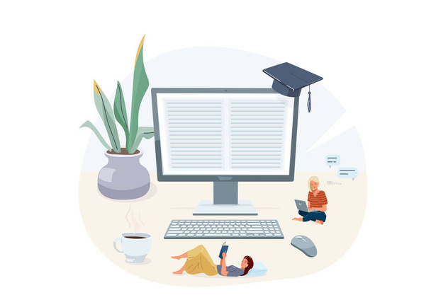 Online home e-learning educação ilustração vetor. Aprender design isolado em fundo branco com computador, pessoas lendo, planta, mouse computador, teclado, chapéu de graduação
 - Vetor, Imagem