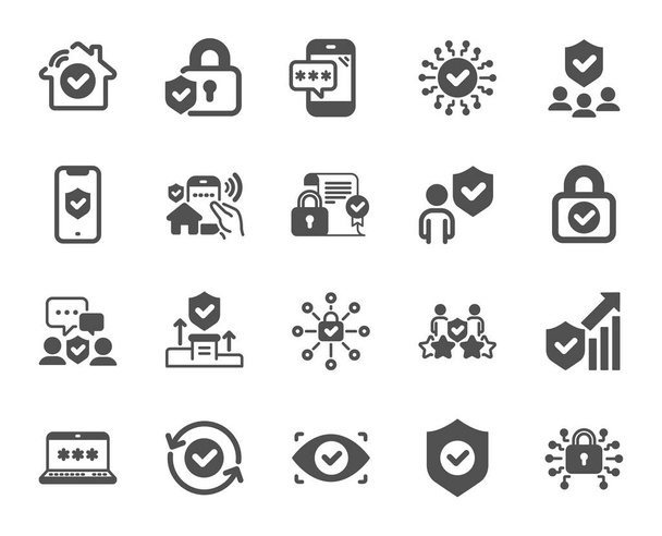 Security icons. Cyber lock, password, unlock. Guard, shield, home security system icons. Eye access, electronic check, firewall. Internet protection, laptop password. Quality design element. Vector - Vecteur, image