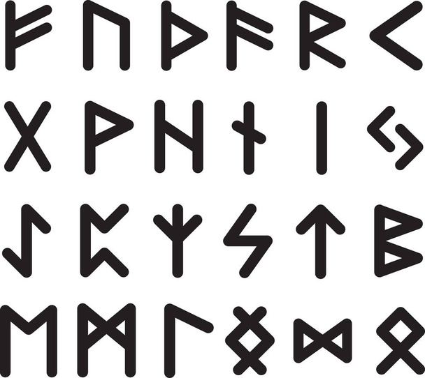 Collection of 24 scandinavic runes black inside. Silhouette futhark icon set. Elder viking hieroglyphics. Vector illustration. - Διάνυσμα, εικόνα