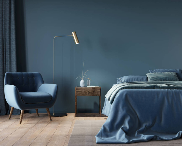 The interior of the bedroom in dark blue with a wide bed, a wooden nightstand and a golden floor lamp / 3D illustration, 3d render - Фото, зображення