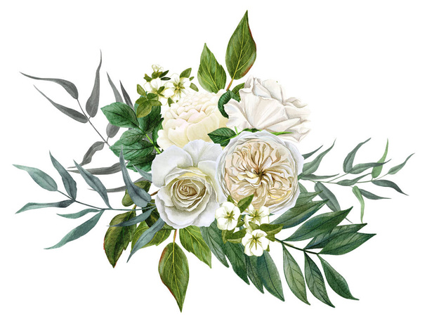 White flowers bouquet, roses and leaves, hand drawn - Foto, immagini