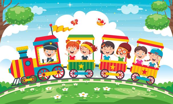 電車に乗る面白い子供たち - ベクター画像