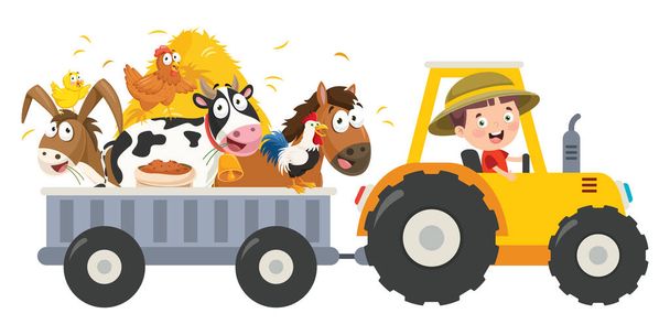 Vicces kis farmer lovaglás traktor - Vektor, kép