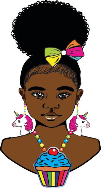 A beautiful black little girl with Afro puff hairstyle,colorful ribbon,color beaded unicorn earrings and colorful beaded cupcake necklace. - Photo, Image