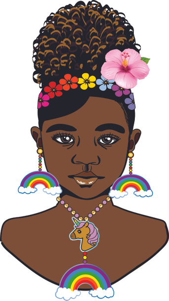 Una hermosa niña negra con peinado Afro puff, flor de hibisco, flores de diadema, pendientes de arco iris y unicornio, collar de arco iris
. - Foto, imagen