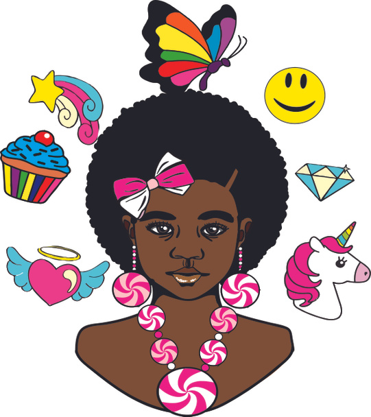 Een mooi zwart klein meisje met Afro kapsel, lint, kralen pepermunt snoep oorbellen en ketting, vlinder, diamant, eenhoorn, vallende ster, cupcake, smiley gezicht en hart met vleugels. - Foto, afbeelding
