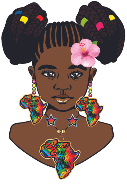 Une belle petite fille noire avec tresse bouffées coiffure, fleur d'hibiscus, boucles d'oreilles africaines perlées colorées et élégant collier étoile africaine
. - Photo, image