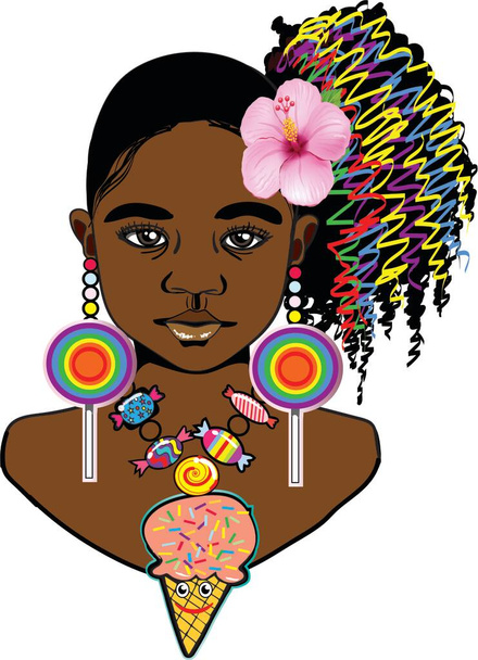 Ein schönes schwarzes kleines Mädchen mit bunter Pferdeschwanzfrisur, Hibiskusblüte, bunten Perlen-Lollipop-Ohrringen und stylischer Süßigkeiten-Eiskette. - Foto, Bild