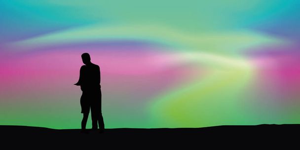 オーロラに恋をしているカップル｜borealis美しい極光の背景 - ベクター画像