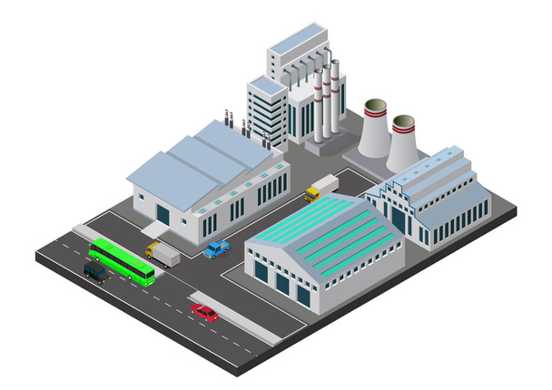 Vektorové ilustrace izometrické Průmyslové stavby s výhledem na zařízení, jako je komín - Vektor, obrázek