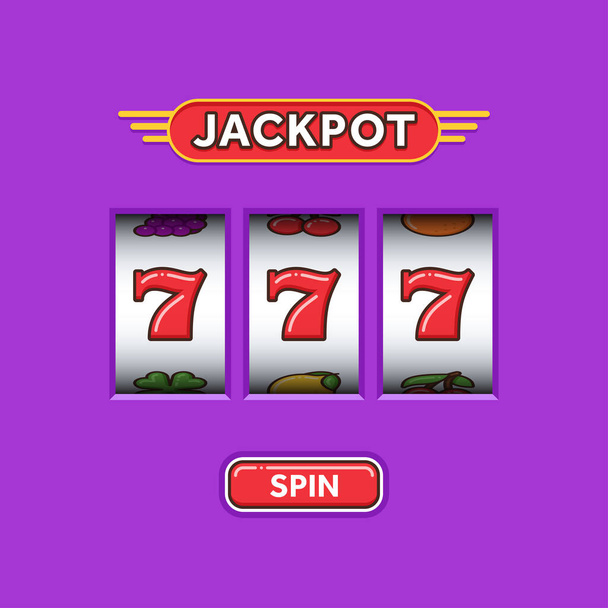 Jackpot triple zeven in een paarse gokautomaat. Geluksvogel zeven. Casino vegas spel. Slot machine spel prijs. Win de jackpot van 777 - Vector, afbeelding