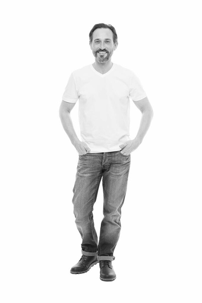 Casual style to suit his personality. Bearded man in casual style isolated on white. Casual trends. Casual look of mature fashion model. Fashion wardrobe for modern men. Fashion and style - Foto, afbeelding