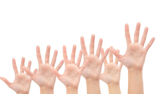 groep van handen in de lucht geïsoleerd op witte achtergrond - Foto, afbeelding