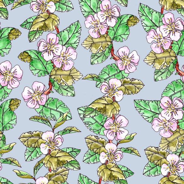 seamless pattern of apple trees with pink flowers and leaves on a light blue background - Fotó, kép