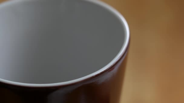 Wegwerp papieren theezakje is gedoopt in lege bruine porseleinen beker. - Video