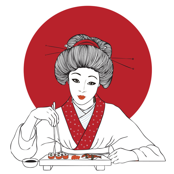 Традиційна японська гарненька дівчина насолоджується суші
 - Вектор, зображення