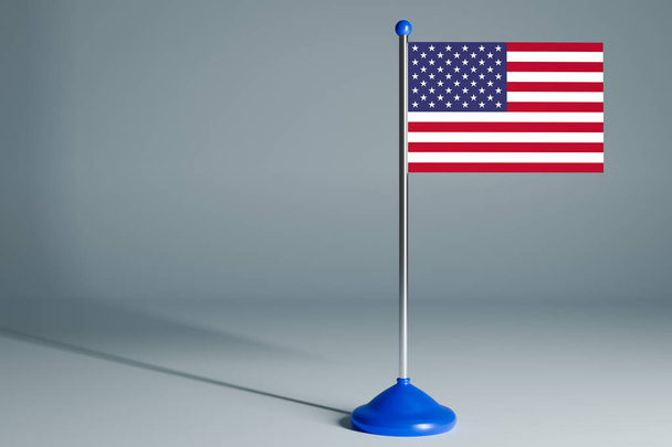 De 3D-weergave realistische nationale vlag van de VS op stalen paal op grijs geïsoleerde achtergrond. Blanco tafelvlag, geschikt voor design, mocku - Foto, afbeelding