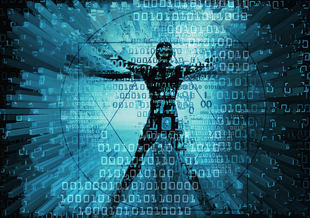 Современный витрувианский человек и компьютерные данные. Футуристический гранж стилизованная Иллюстрация синего стекловидного человека с разрушенными двоичными кодами, 3D графические элементы
. - Фото, изображение