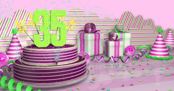 Fioletowy okrągły 35 tort urodzinowy ozdobiony kolorowymi iskrami i różowymi liniami na jasnym stole z zielonymi serpentynami, kapeluszami i pudełkami prezentów z różowymi wstążkami i cukierkami na stole, na różowym tle. Ilustracja 3D - Zdjęcie, obraz