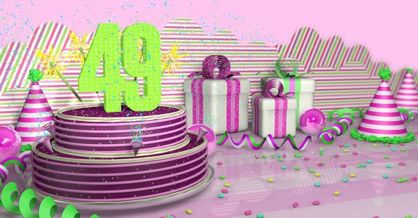 Lila kerek 49 születésnapi torta díszített színes szikrák és rózsaszín vonalak egy világos asztal zöld szalagok, party kalapok és ajándékdobozok rózsaszín szalagok és cukorkák az asztalon, rózsaszín alapon. 3D illusztráció - Fotó, kép