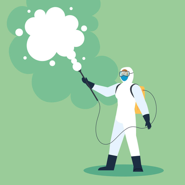 person with protective suit or spraying viruses of covid 19, desinfection virus concept - Vector, Image