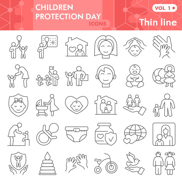 Children protection day thin line icon set, Child care symbols set collection vector sketches. 1st June holiday signs set for web, linear pictogram style package isolated on white background, eps 10. - ベクター画像