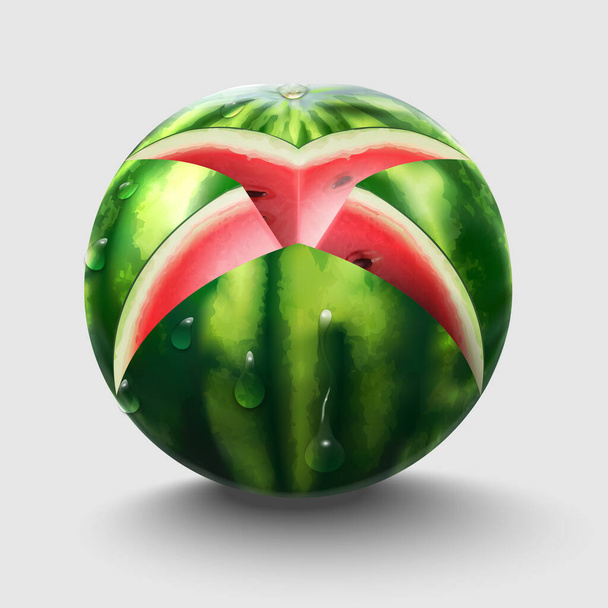 Watermelon Fresh fruit cross cut slice, 3d realistic icon. Delicious dessert. Healthy food. Vector illustration - Vector, Image