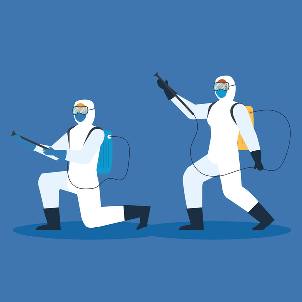 people with protective suit or spraying viruses of covid 19, desinfection virus concept - Vector, Image