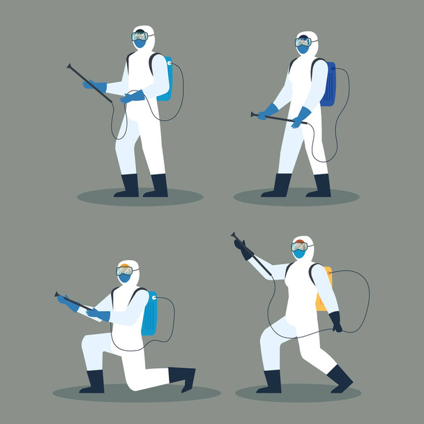люди з захисним костюмом або розпиленням вірусів ковадла 19, концепція вірусу дезінфекції
 - Вектор, зображення