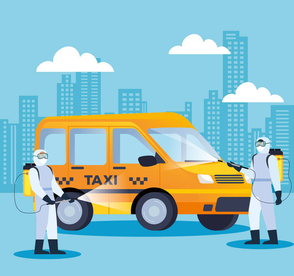 Fahrzeug-Taxi-Desinfektionsmittel für Covid 19 Krankheit - Vektor, Bild