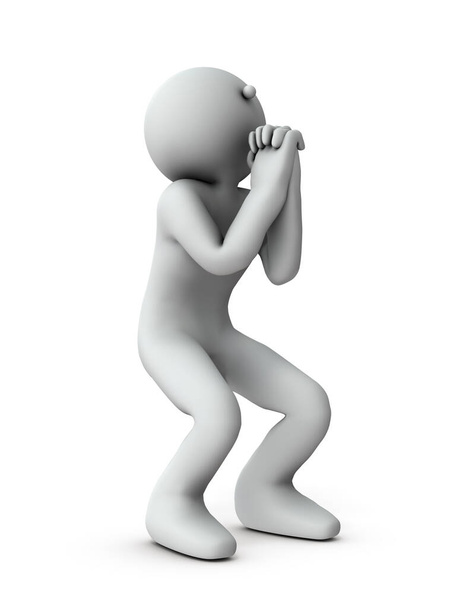 Een personage bidt met gevouwen handen. Witte achtergrond. 3D illustratie. - Foto, afbeelding