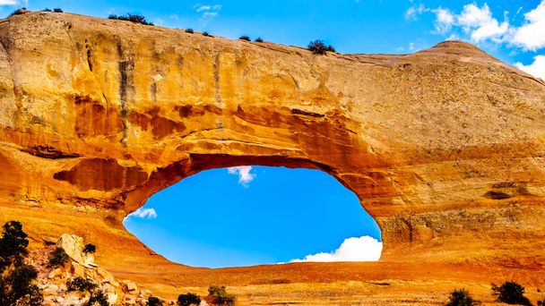 Wilson Arch under blue sky, łuk z piaskowca wzdłuż US Highway 191, na południe od miasta Moab w Utah, Stany Zjednoczone Ameryki - Zdjęcie, obraz