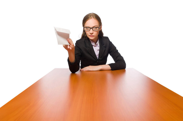 Female employee sitting at long table isolated on white - Foto, Imagem