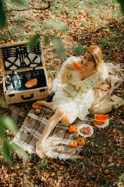Mujer feliz estilo de vida, hermosa chica asiática en el picnic de la naturaleza con frutas. Relajante mujer asiática en la naturaleza. Fondo de paisaje otoñal. Relax activo al aire libre en la naturaleza
. - Foto, imagen