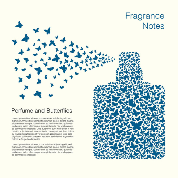 Parfümflasche mit vielen Schmetterlingen. Spray aus einer Parfümflasche in Form einer Wolke von Schmetterlingen. Konzept für Parfümerie. - Vektor, Bild
