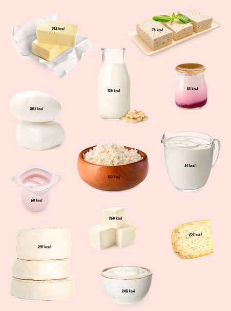Joukko erilaisia maitotuotteita värillinen tausta
 - Valokuva, kuva
