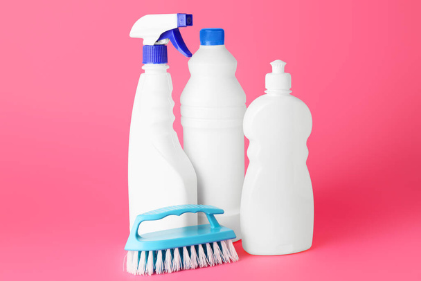 Set of cleaning supplies on color background - 写真・画像