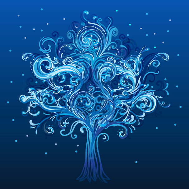 Blue winter tree with swirls - Vektör, Görsel