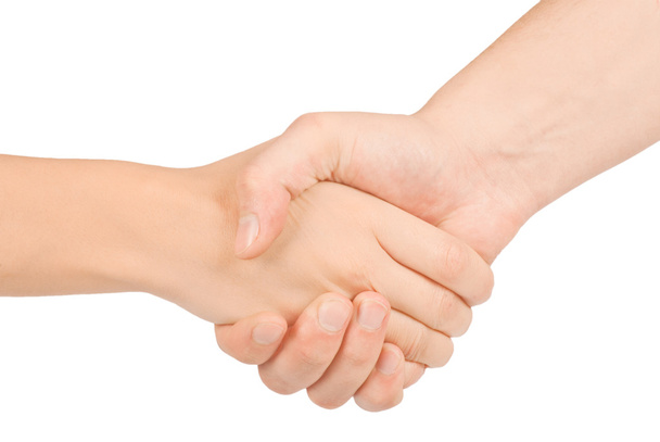 Shaking hands of two people, man and woman, isolated on white. - Foto, Bild