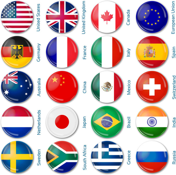 Állítsa be a húsz zászlók kerek stílusban. Népszerű országok. - Vektor, kép