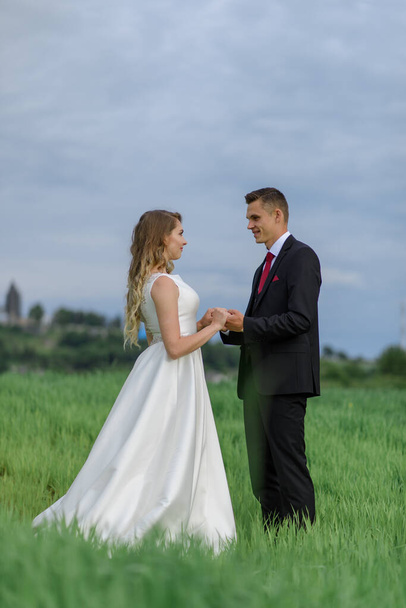 pár ve svatebním oděvu stojí na zeleném poli na pozadí vesnice při západu slunce, nevěsta a ženich - Fotografie, Obrázek